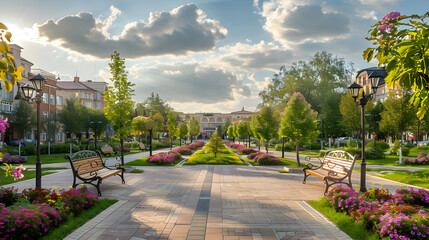 Naklejka premium Serene City Park with Paved Pathway and Flower Beds