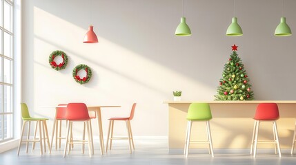 An office break room with minimalist Christmas decorations