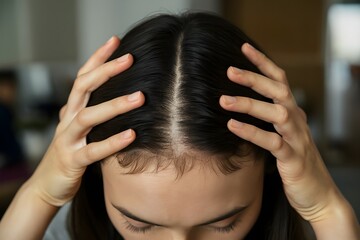 Naklejka premium person showing her hair scalp 
