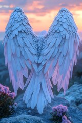 Fototapeta premium A pair of large, white angel wings spread against a backdrop of a vibrant, pink and orange sunset.