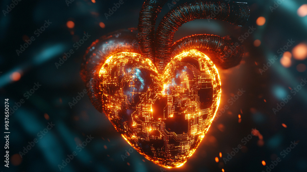 Poster a biomechanical heart with pulsating microchips and vibrant circuit veins glowing in the dark.