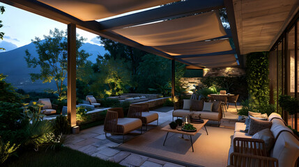 Fototapeta premium Modern Outdoor Patio with Mountain Views and Cozy Seating