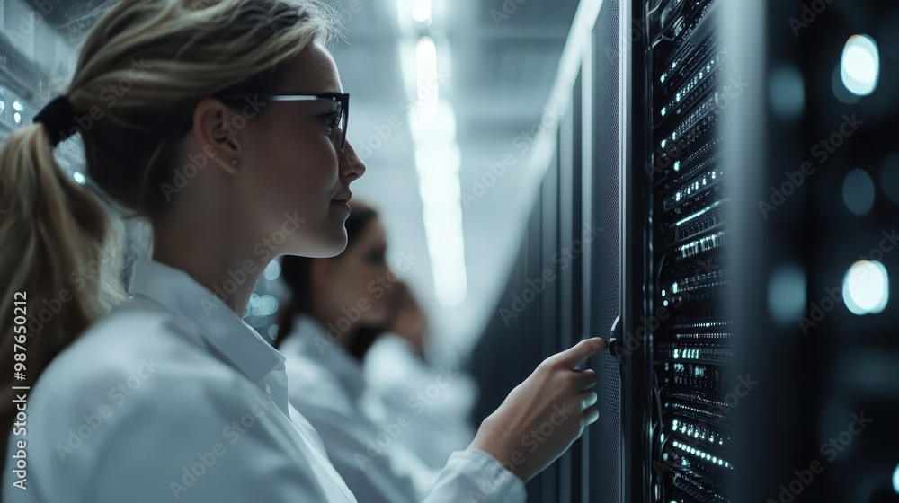 Poster a woman in a white lab coat adjusts settings on a server in a high-tech data center, emphasizing her