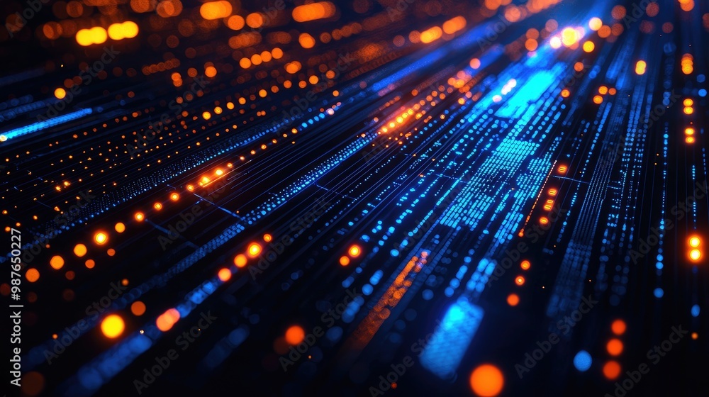 Poster abstract digital background with glowing orange and blue lines and particles.