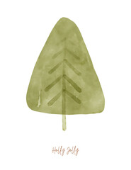 Christmas Vector Card. Winter Holidays Card. Holly Jolly. Green Abstract Watercolor Christmas Tree on a White Background. Xmas Print Ideal for Card, Greeinting. Infantile Style Drawing Spruce Tree. 