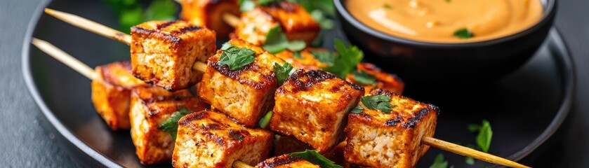 Grilled tofu skewers served with peanut dipping sauce and fresh herbs, grilled tofu, vegetarian appetizer