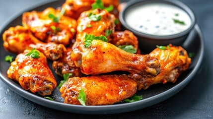 Fototapeta premium A plate of grilled chicken wings marinated in a spicy buffalo sauce, served with ranch dressing, buffalo grilled wings, spicy appetizer