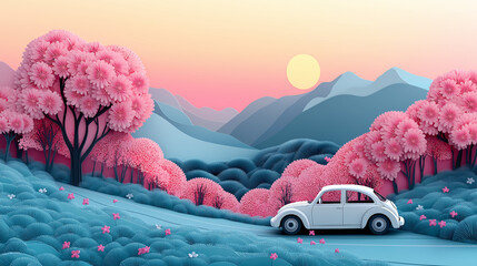 A cute cartoon vector illustration of: A car  road trip ,paper cut style pastel color 
Trees, flowers on both sides of the road, and mountains in the background.