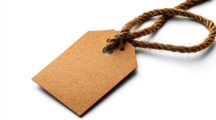 Brown paper tag with rope on white isolated background