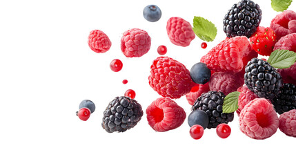 Assortment of fresh berries, including raspberries, blueberries, blackberries and cranberries,...