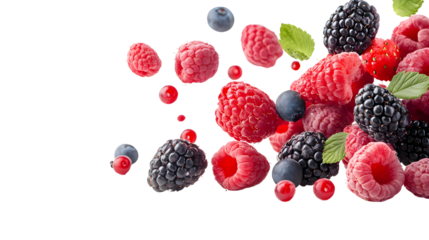 Assortment of fresh berries, including raspberries, blueberries, blackberries and cranberries, falling on a white background.