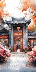 Two figures walk through a traditional Chinese gate, surrounded by vibrant pink flowers and autumnal foliage, creating a peaceful scene.