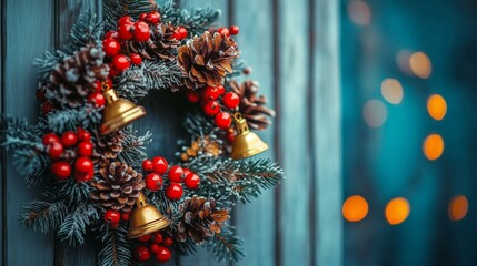 A close-up shot of a Christmas wreath decorated with red berries, pinecones, and golden bells, hanging on a wooden door. 