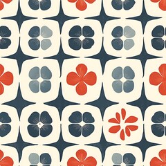 Fototapeta premium A seamless floral pattern with red and blue flowers on white creates a vibrant, classic backdrop.