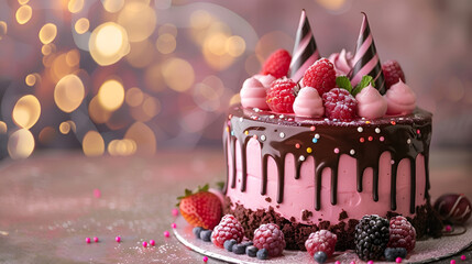 cake with strawberry, Concept of Happy Birthday, holiday Birthday cake.
