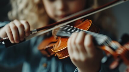 A close-up image of a child intensely playing the violin, highlighting the detailed view of the strings and the child's fingers as they create music with concentration and dedication.