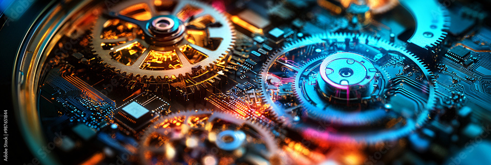 Poster a clock with microchip gears. glowing circuits marking the passage of time in vibrant colors.