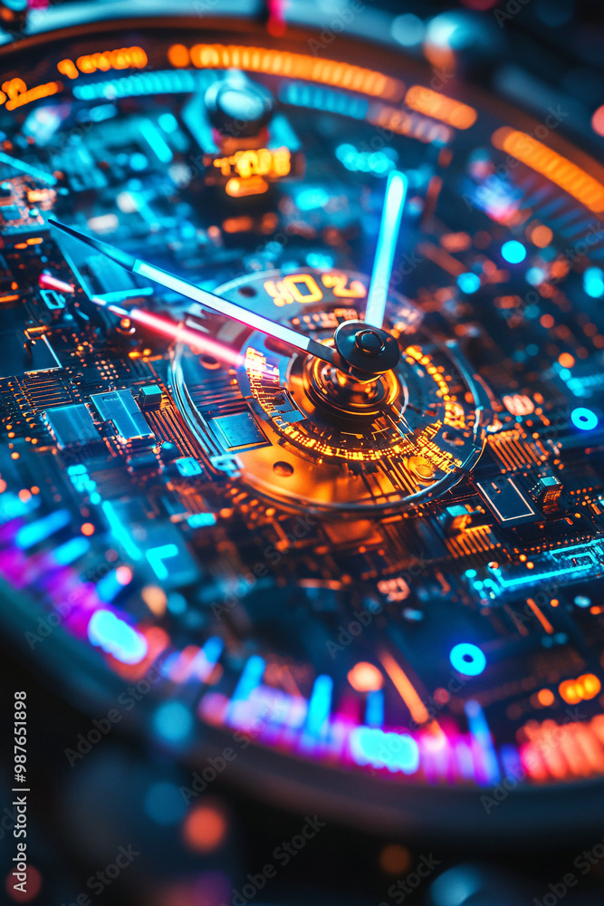 Poster a clock with microchip gears. glowing circuits marking the passage of time in vibrant colors.