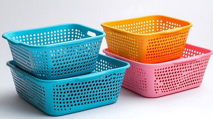 Colorful plastic storage baskets with handles, practical and bright, rest on a white background.