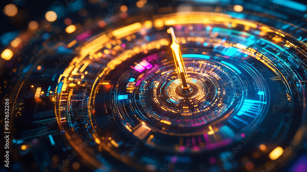 Poster a clock with microchip gears. glowing circuits marking the passage of time in vibrant colors.