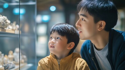 Asian father and son at a historical museum looking at ancient archeology artifact exhibition Antique skeleton bone Paleontology exhibit Cultural heritage Male Parent and boy child exploring gallery