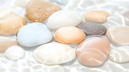 Obraz premium Translucent Glass Pebbles Resting in Shimmering Water - Soft Reflections and Smooth Surfaces Enhanced by Coastal Breeze for Tranquil Nature Scenes