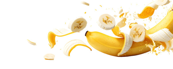 Fresh yellow banana fruit flying in mid-air with white background.