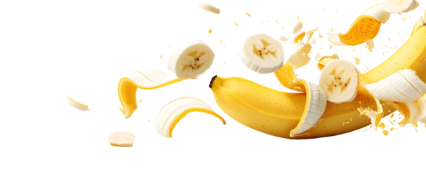 Fresh yellow banana fruit flying in mid-air with white background.