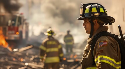 Obraz premium A firefighter in full gear stands against a backdrop of smoke and fire, his face obscured by his helmet, his eyes fixed on the blaze.