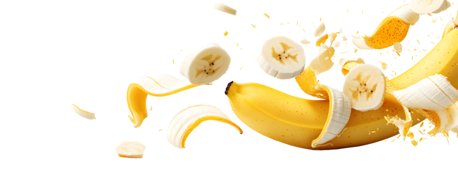 Fresh yellow banana fruit flying in mid-air with white background.