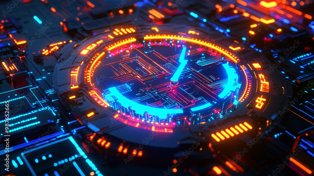 Poster a clock with microchip gears. glowing circuits marking the passage of time in vibrant colors.