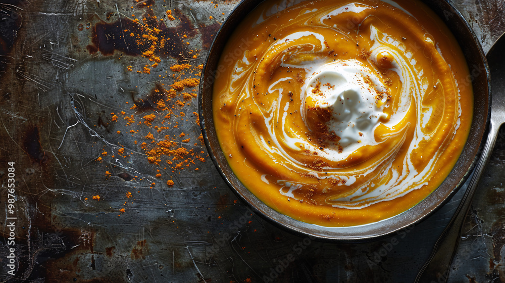 Poster a close-up and horizontal capture of a silky carrot ginger soup with a swirl of coconut cream. the r
