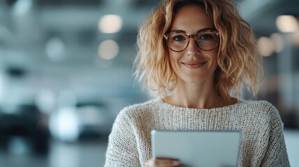A woman with short curly hair stands smiling in a modern workplace, holding a tablet, signifying a blend of technology and approachable professionalism.