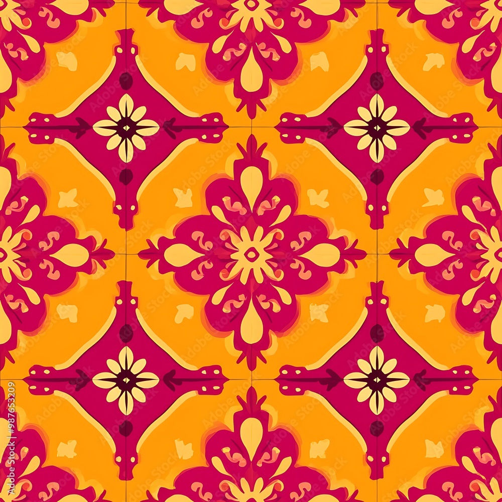 Poster a seamless geometric pattern of yellow and pink forms a playful tile texture.