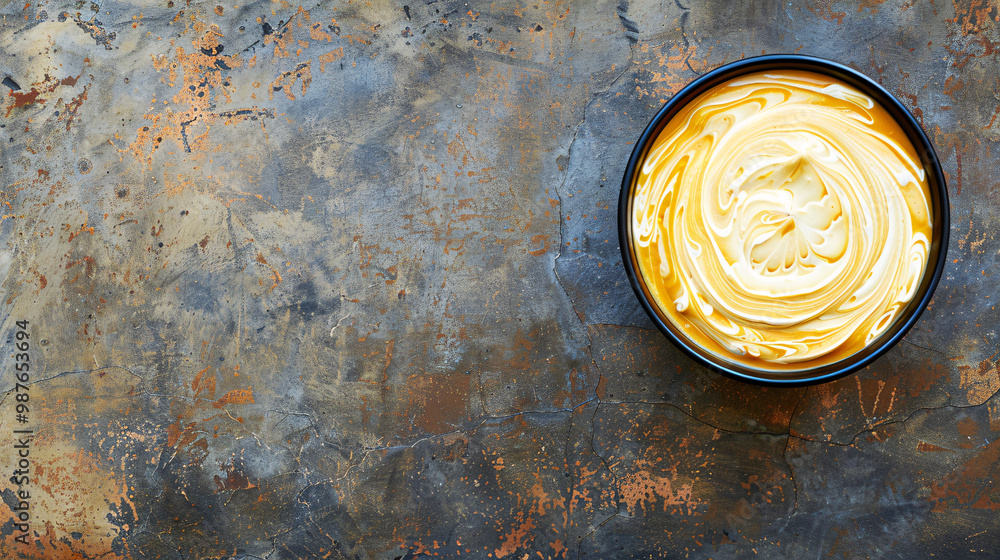 Poster a close-up and horizontal capture of a silky carrot ginger soup with a swirl of coconut cream. the r