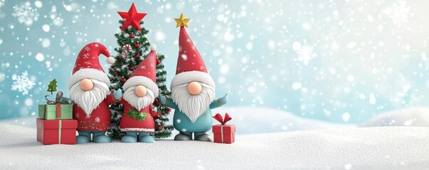 Christmas gnomes in festive attire, decorating a tree, snowy background, 3D illustration