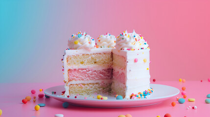 birthday cake with candles, Colorful white Cake isolate on wgite background. 