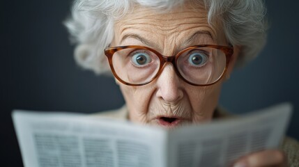 An elderly woman wearing glasses is captured in a humorous moment of surprise while reading a newspaper, highlighting curiosity and life experience.