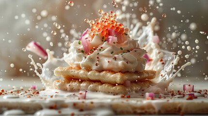 A duck confit spring roll levitates against a dark background, surrounded by droplets of sweet and spicy sauce, chopped green onions, and red chili slices.