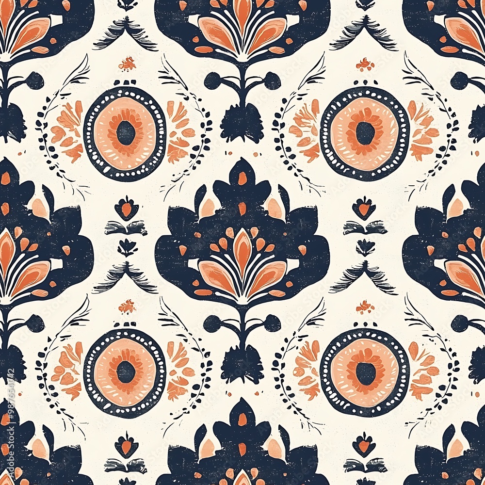 Aufkleber a seamless floral pattern in navy and peach tones, creating a soft and elegant design.