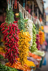 Fototapeta premium A captivating market scene featuring various types of colorful chilies hung in bundles, arranged neatly, highlighting the diversity and vibrancy of this spicy vegetable.