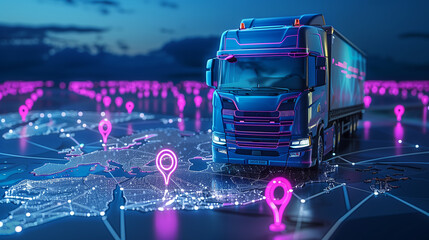 A global map with location pins and a truck on the road, symbolizing container transportation across continents.
