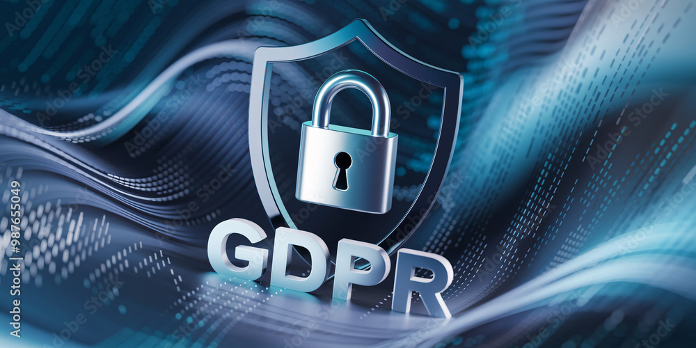 Poster dynamic gdpr security shield illustration with digital waves and cyber elements