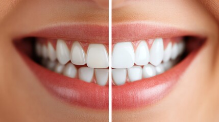 A close-up of a woman's smile, showcasing the difference between natural teeth and teeth that have been whitened.