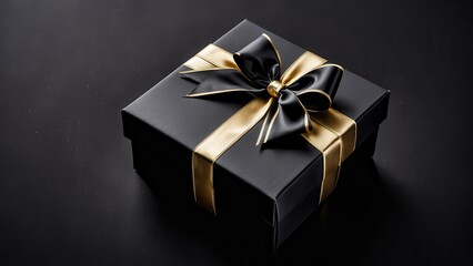 Obraz premium A beautifully wrapped black gift box with a gold ribbon and bow, perfect for special occasions.