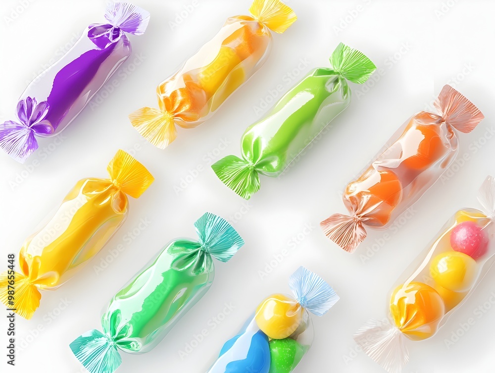 Poster transparent candy wrappers with vibrant colorful sweets inside displayed on a clean white background
