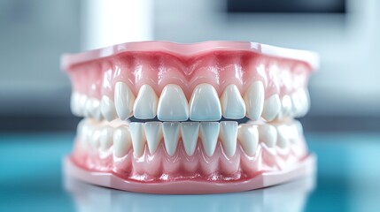 A close-up of a set of perfect, white teeth in a model mouth. The teeth are clean and healthy, with a bright, white smile.
