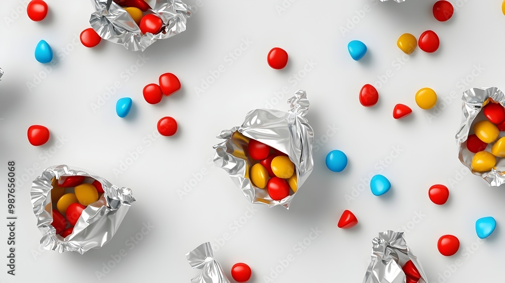 Poster vibrant 3d render of open candy wrappers with assorted candies spilling out on a clean white backgro