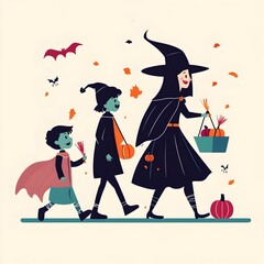 Vampire  Witch  and Zombie Kids Trick or Treating in Flat Design Halloween