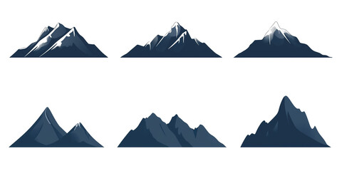 Mountain Silhouette Set with Snowy Peaks. A collection of six minimalistic mountain silhouettes with sharp peaks and snowcaps